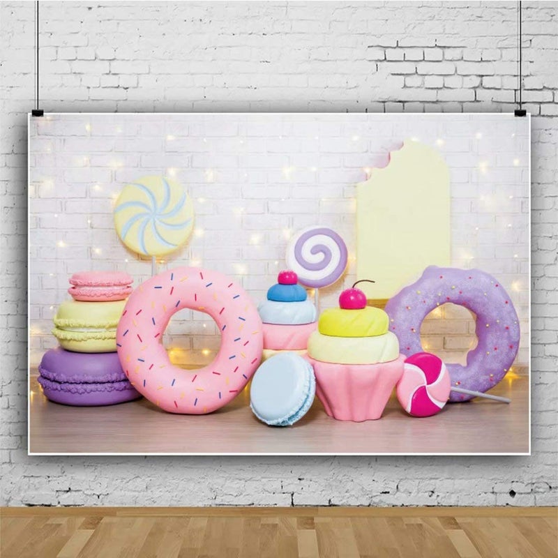 DASHAN 5x3ft Polyester Donut Cake Smash Backdrop Donut Candy White Brick Wall Photography Background for Baby Shower Party Girl Birthday Protrait Banner Baby Girl 1st Birthday YouTube Photo Prop - Image 2